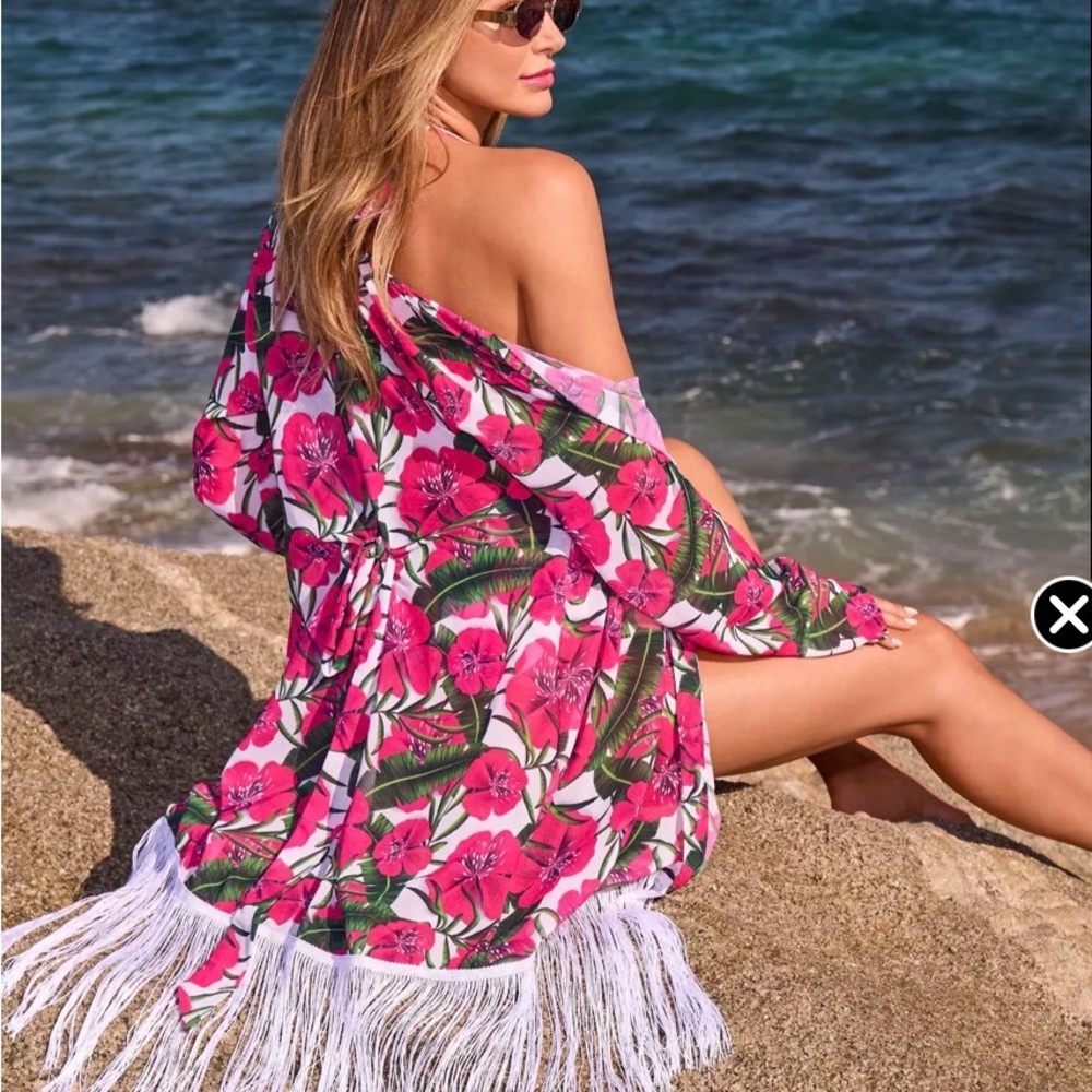 Boston Proper Tropical Fringe Floral Swim Coverup Med NWT